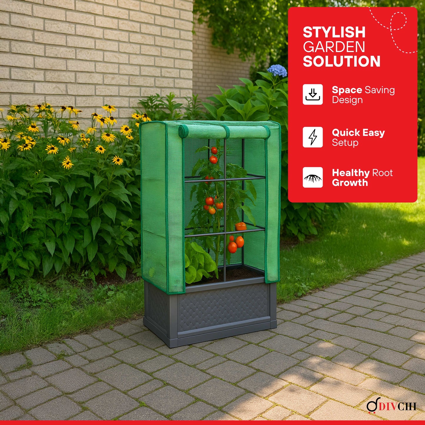 Green vertical garden system with tomatoes on a patio, surrounded by plants and flowers.