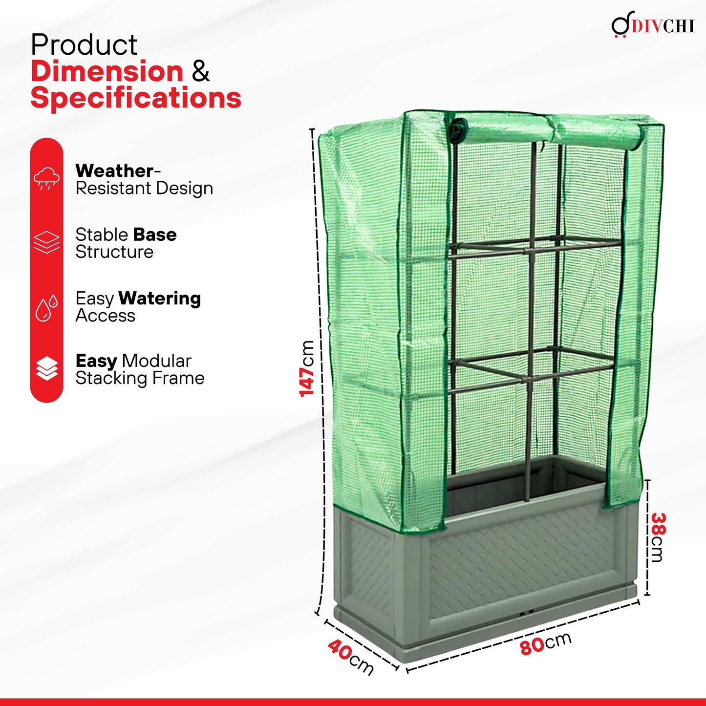 Green mesh cover on a raised garden bed with dimensions and features listed.