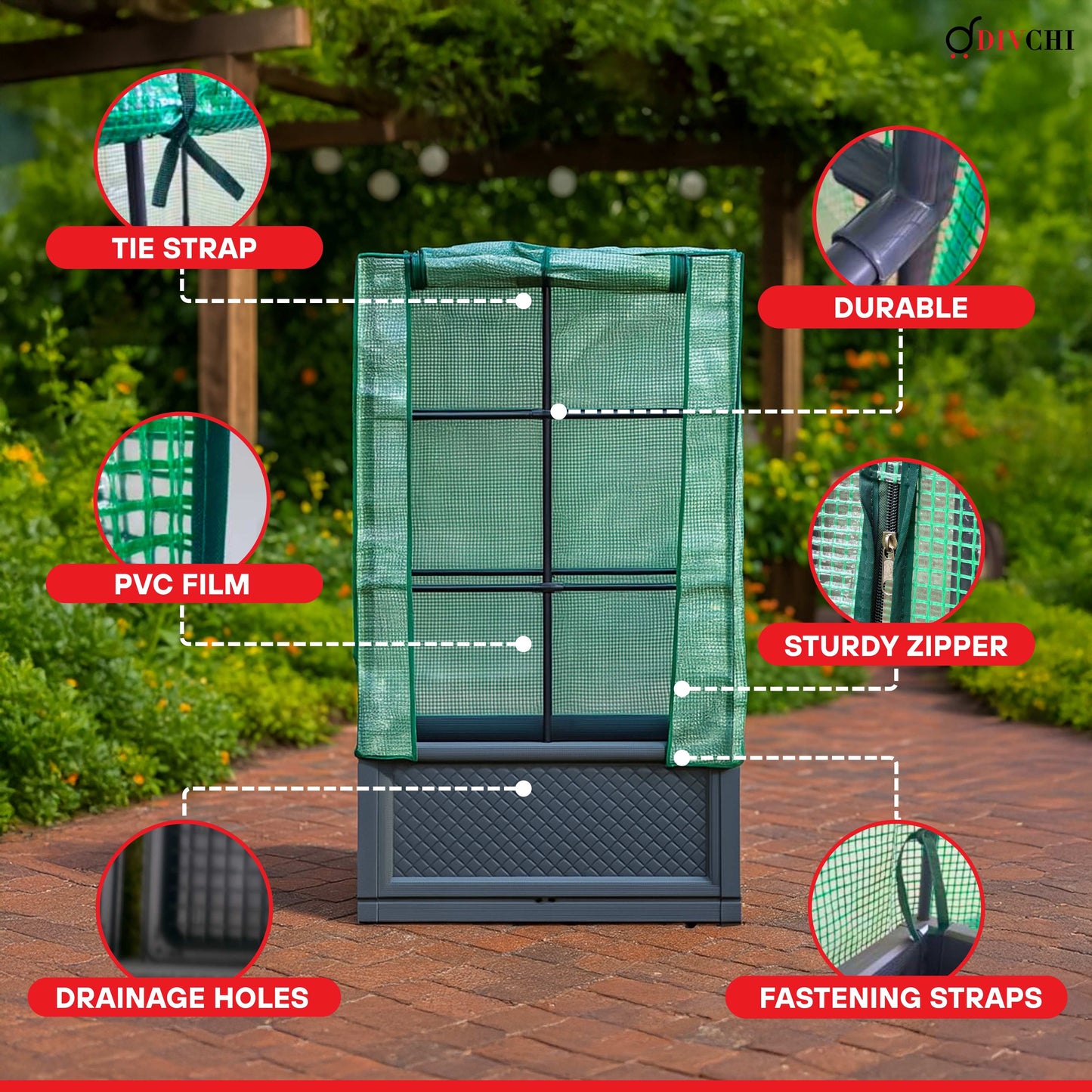 Green mesh storage bag with features highlighted on a wooden deck background