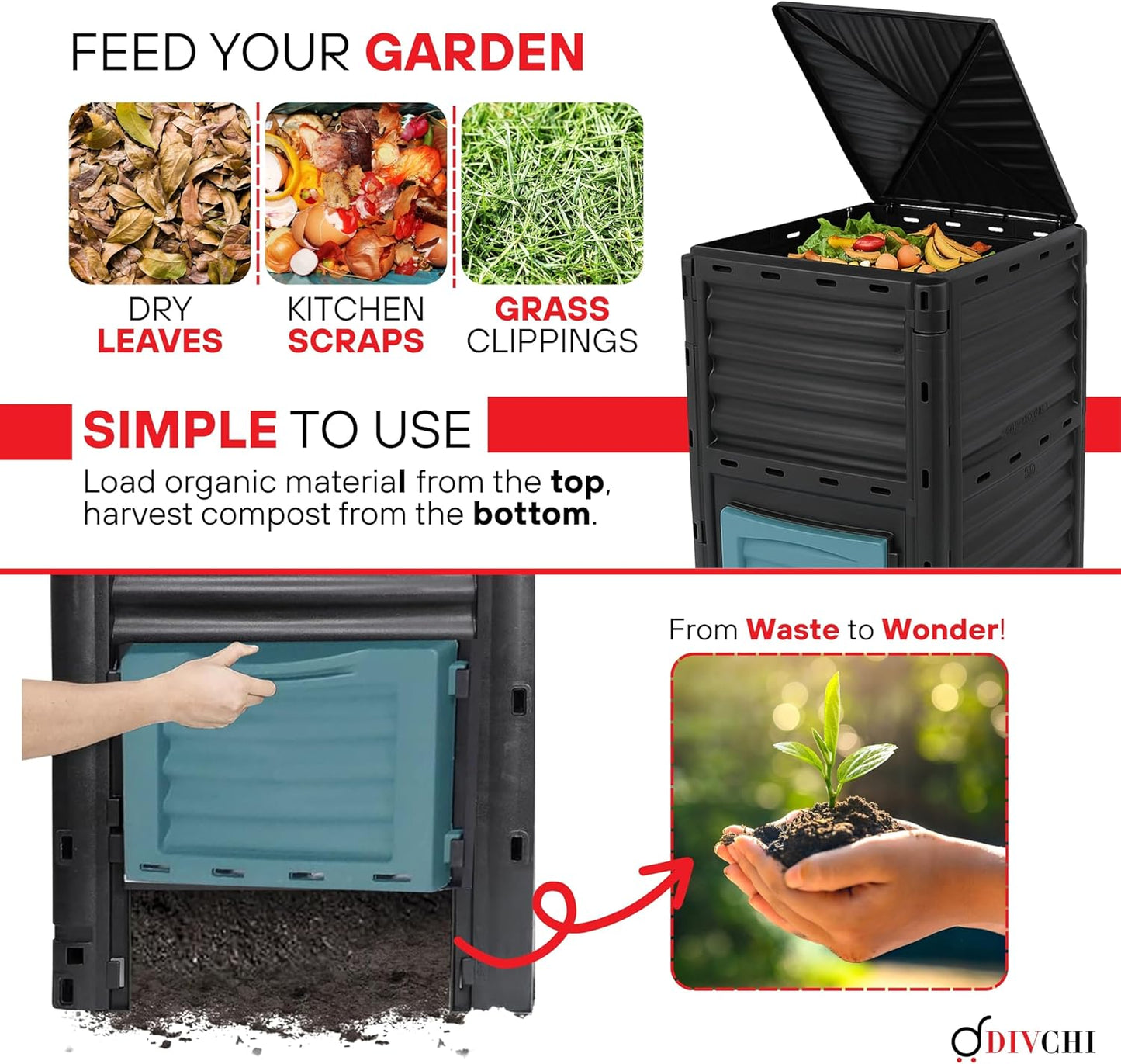 Composting bin with instructions on feeding a garden with organic materials, labeled 'Divacchi'.