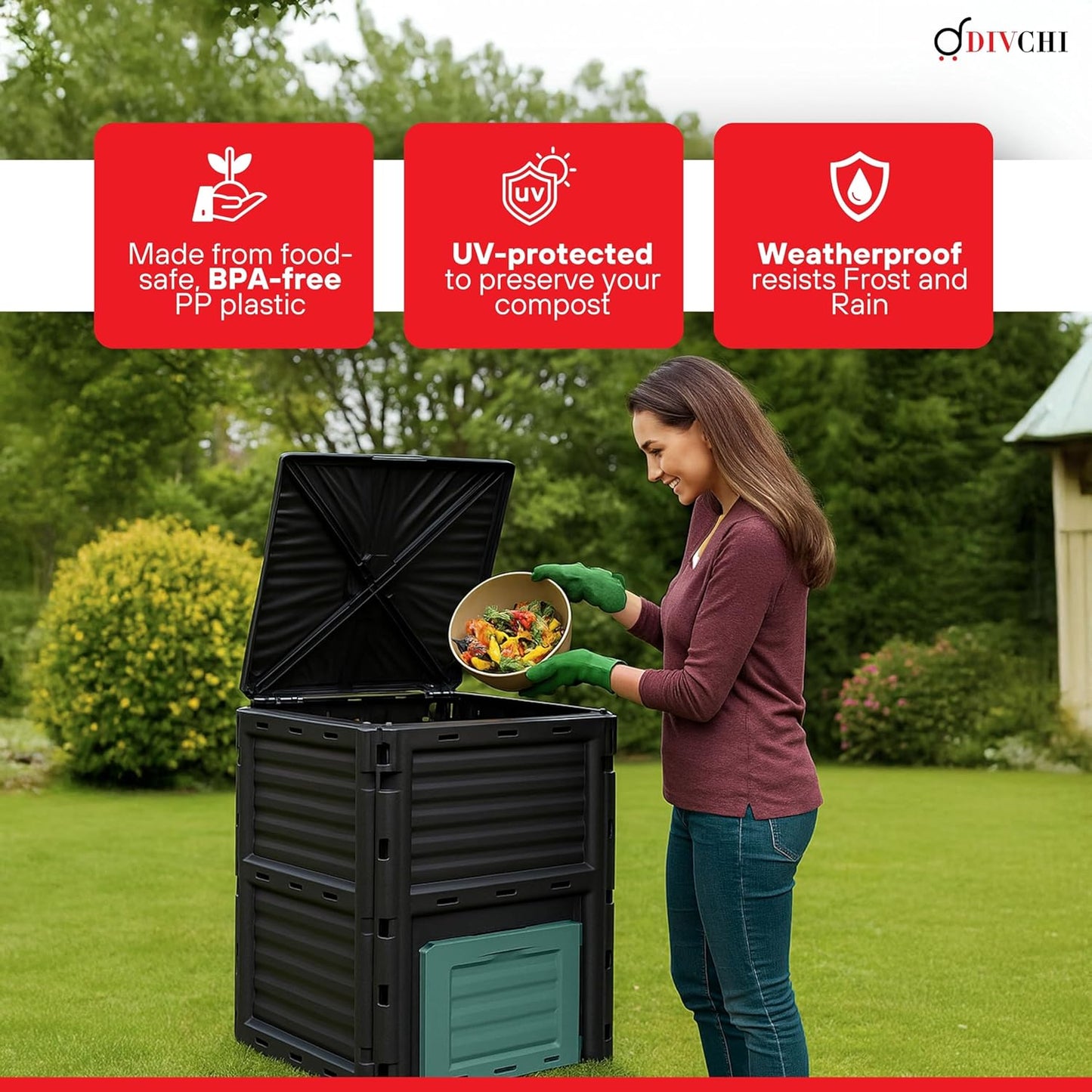 Woman adding food waste into a compost bin with product features highlighted.