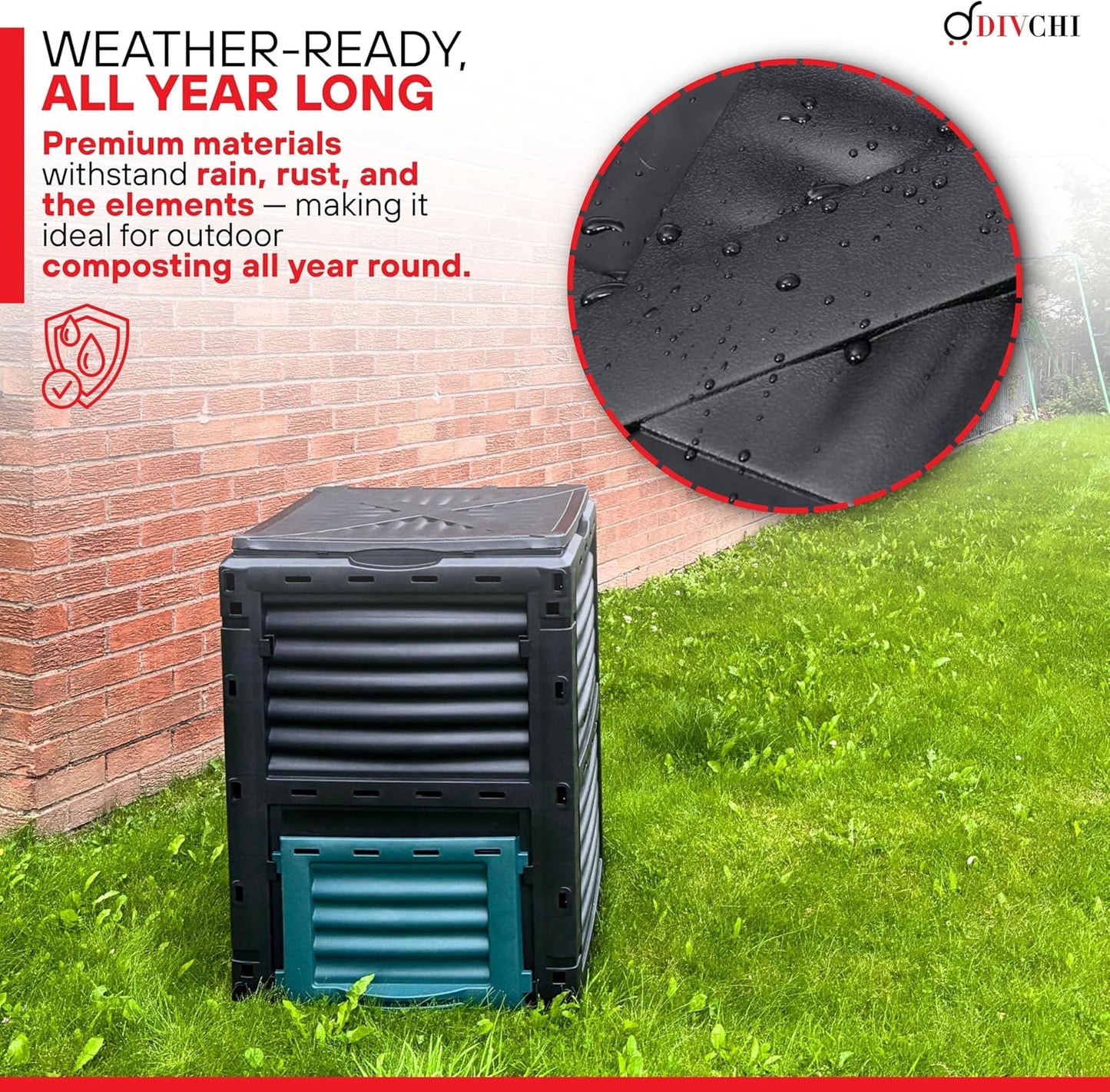 Black outdoor compost bin with green lid on grass next to a brick wall, featuring durability text.