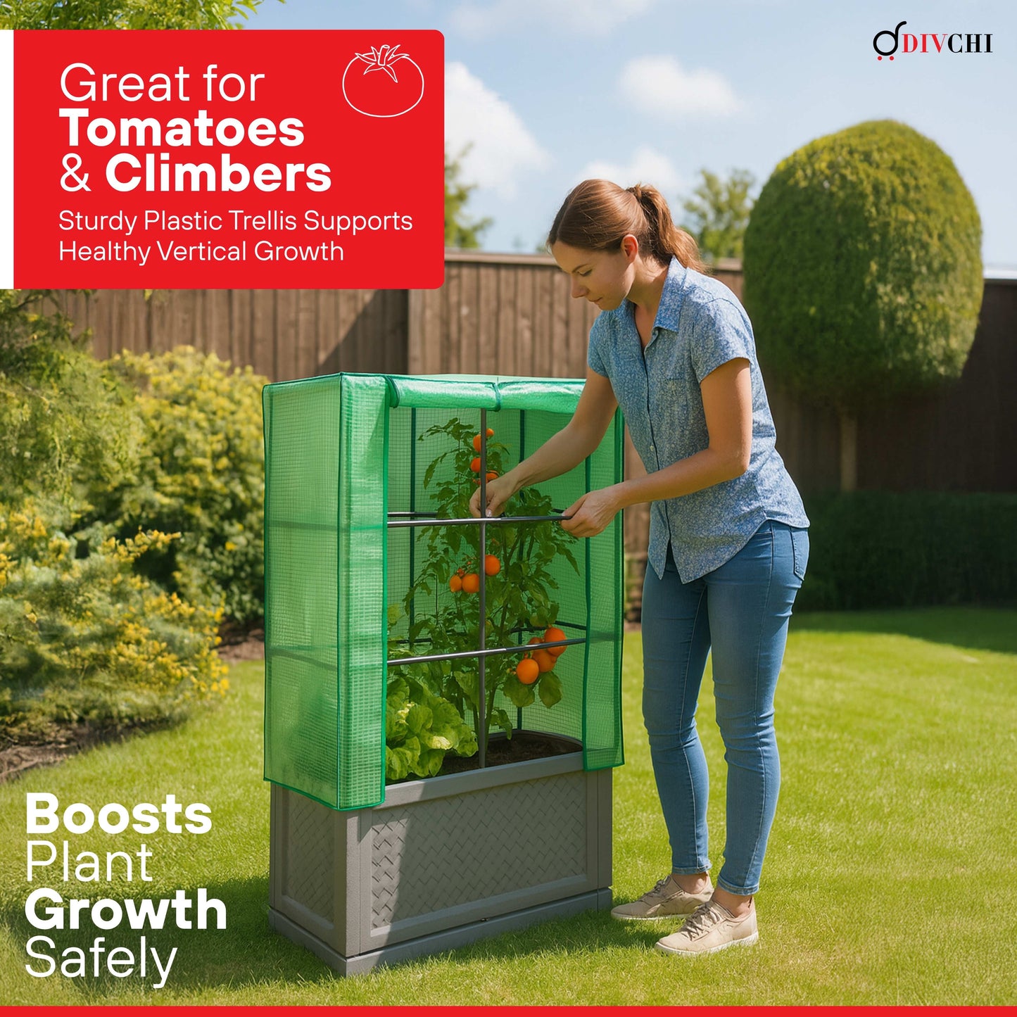 Woman tending to plants in a vertical garden system with text about its benefits.