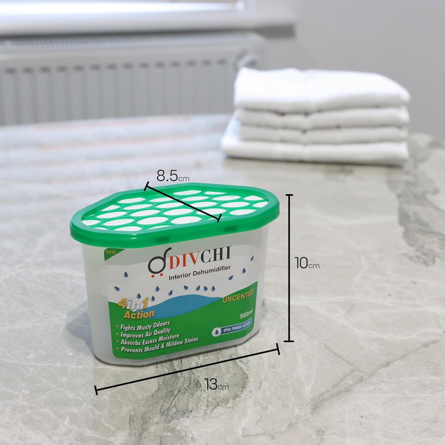 DIVCHI dehumidifier with 500ml capacity displayed on countertop with size measurements.