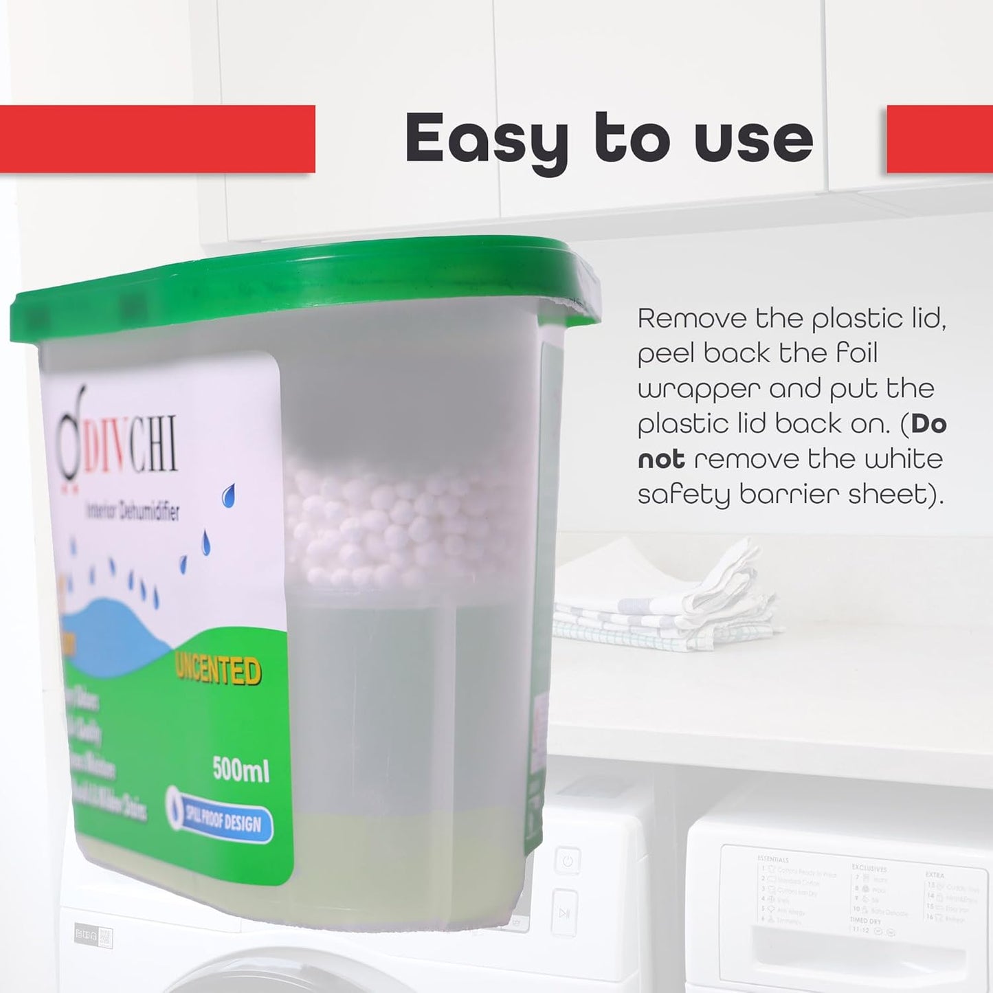 DIVCHI dehumidifier with green lid showing easy-to-use instructions for setup.