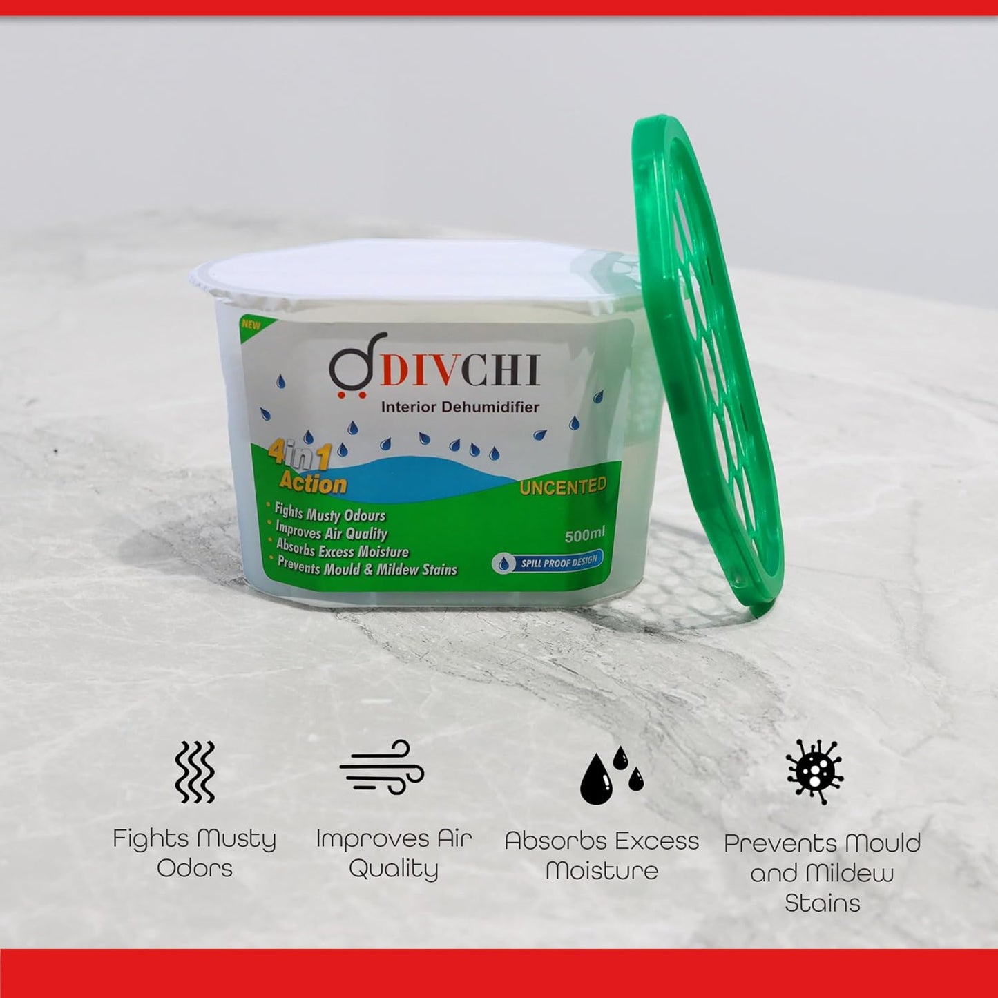 DIVCHI interior dehumidifier showing open lid with key benefits like odor control and air quality improvement.