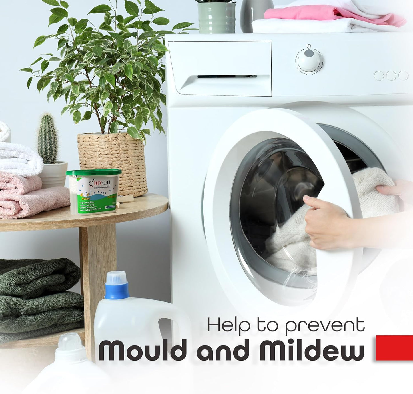 DIVCHI dehumidifier placed near a washing machine to prevent mold and mildew.