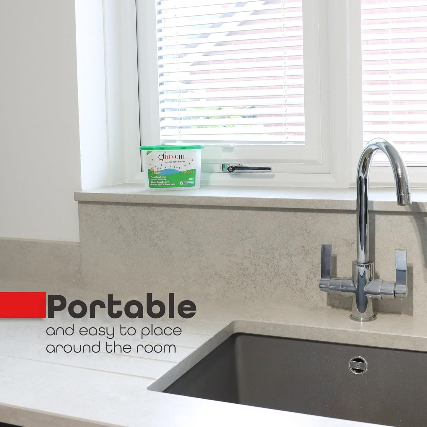 DIVCHI portable dehumidifier placed near a kitchen sink on a windowsill.