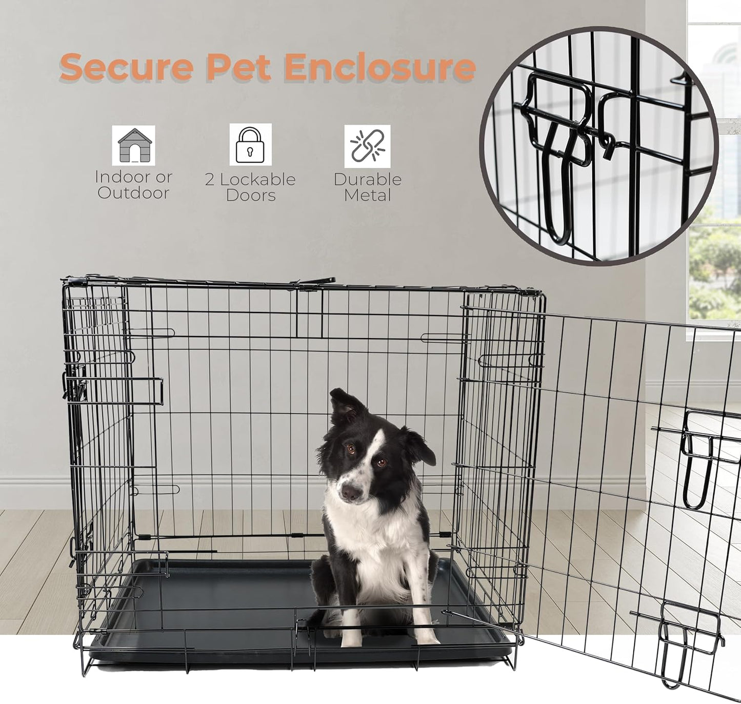 Dog crate with dog inside and a close-up of the secure metal locking mechanism