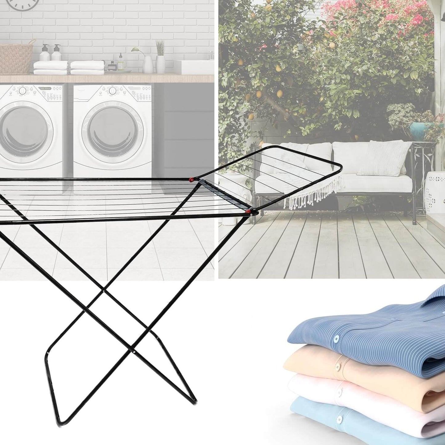 Black drying rack displayed in indoor and outdoor settings for versatile laundry use
