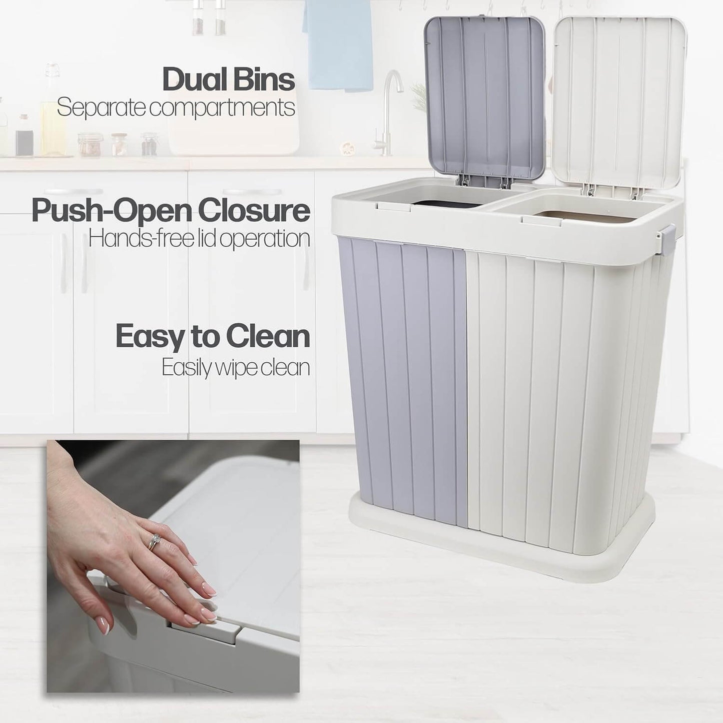 Dual Compartment Waste & Recycling Bin with Push Open Closure – Space-Saving Double Trash Can/Rubbish Bin - DIVCHI