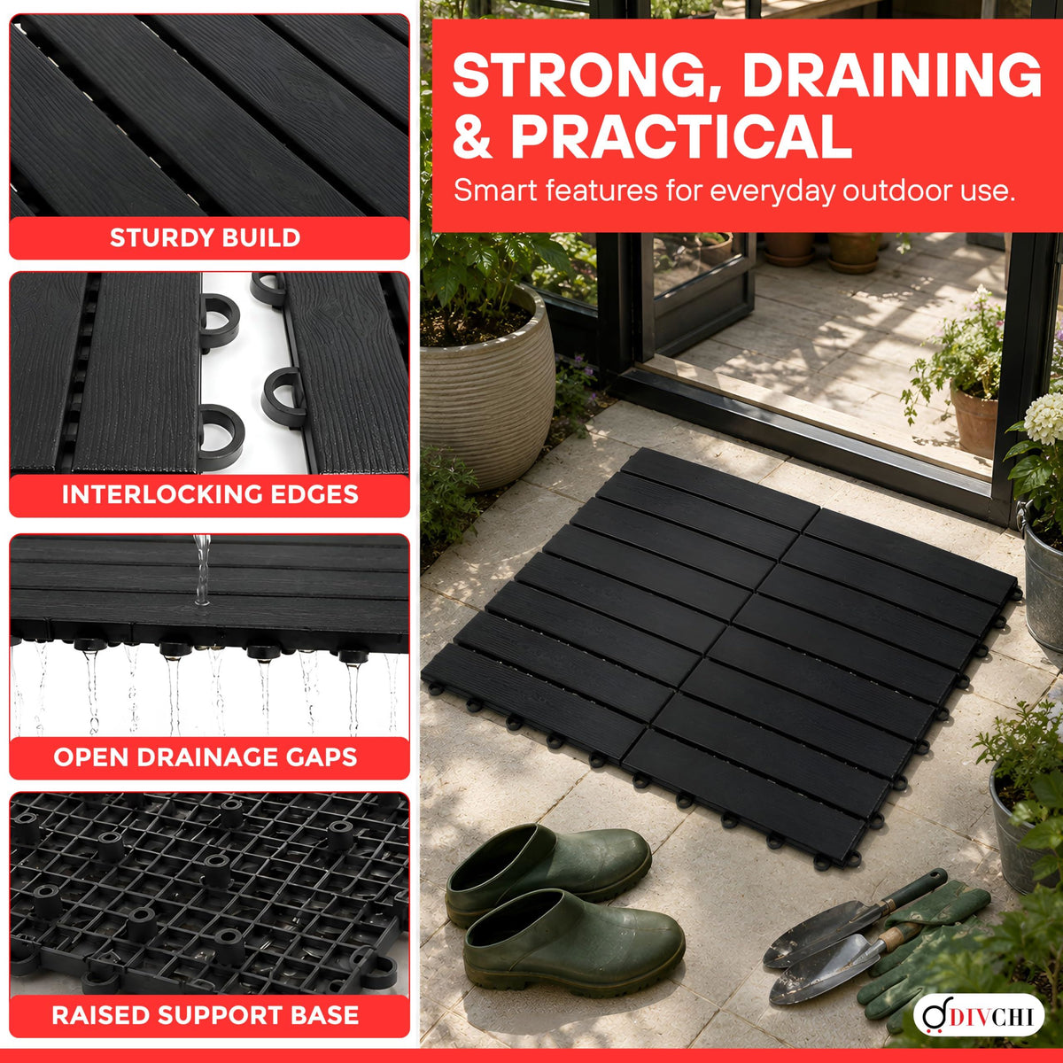 DIVCHI Composite Decking Tiles Set of 4 Interlocking Mat Outdoor Garden Deck Tiles Patio Flooring for Balcony Terrace (29.5 x 29.5 cm)