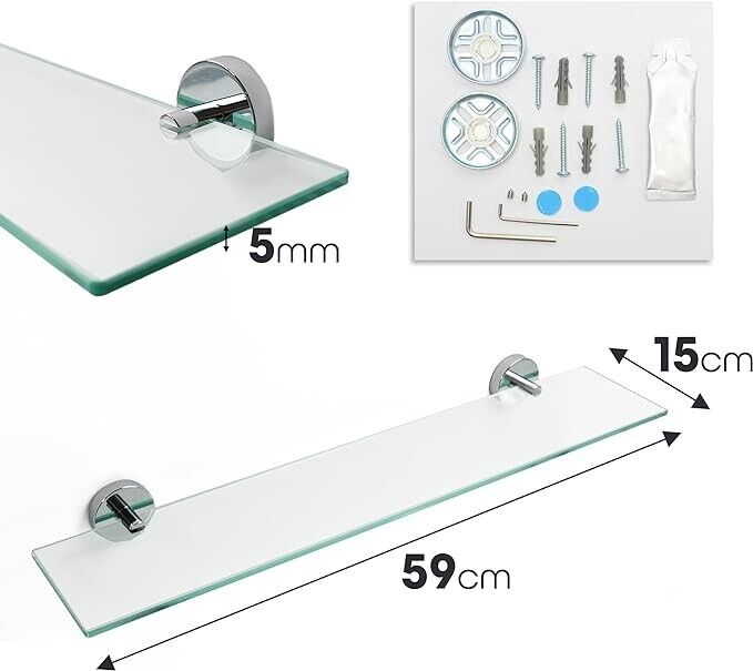 Clear Bathroom Glass Shelf Wall Mounted 5mm Tempered Transparent Chrome Plated