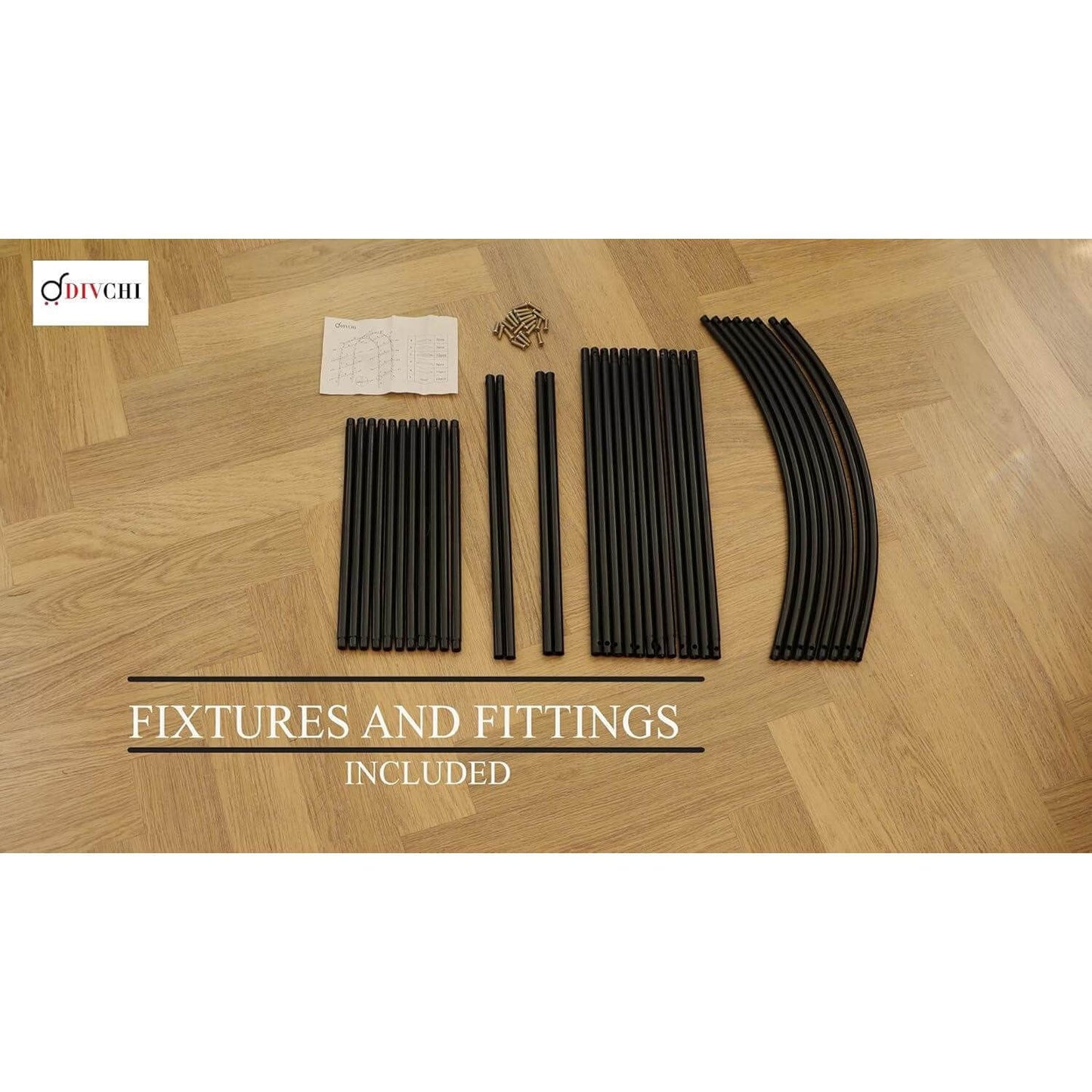 Full set of fittings and tubes for assembling a steel garden arch laid out on wooden floor