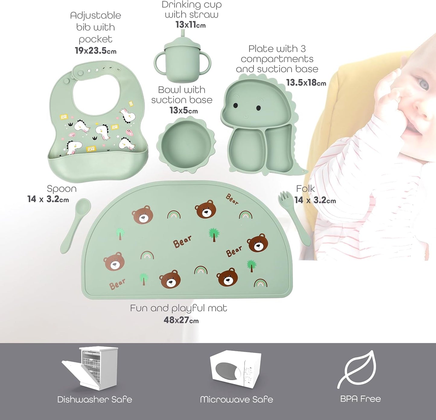 Silicone Baby Feeding Set Includes Suction Bowl, Baby Plate, Fork, Spoon & Cup - DIVCHI