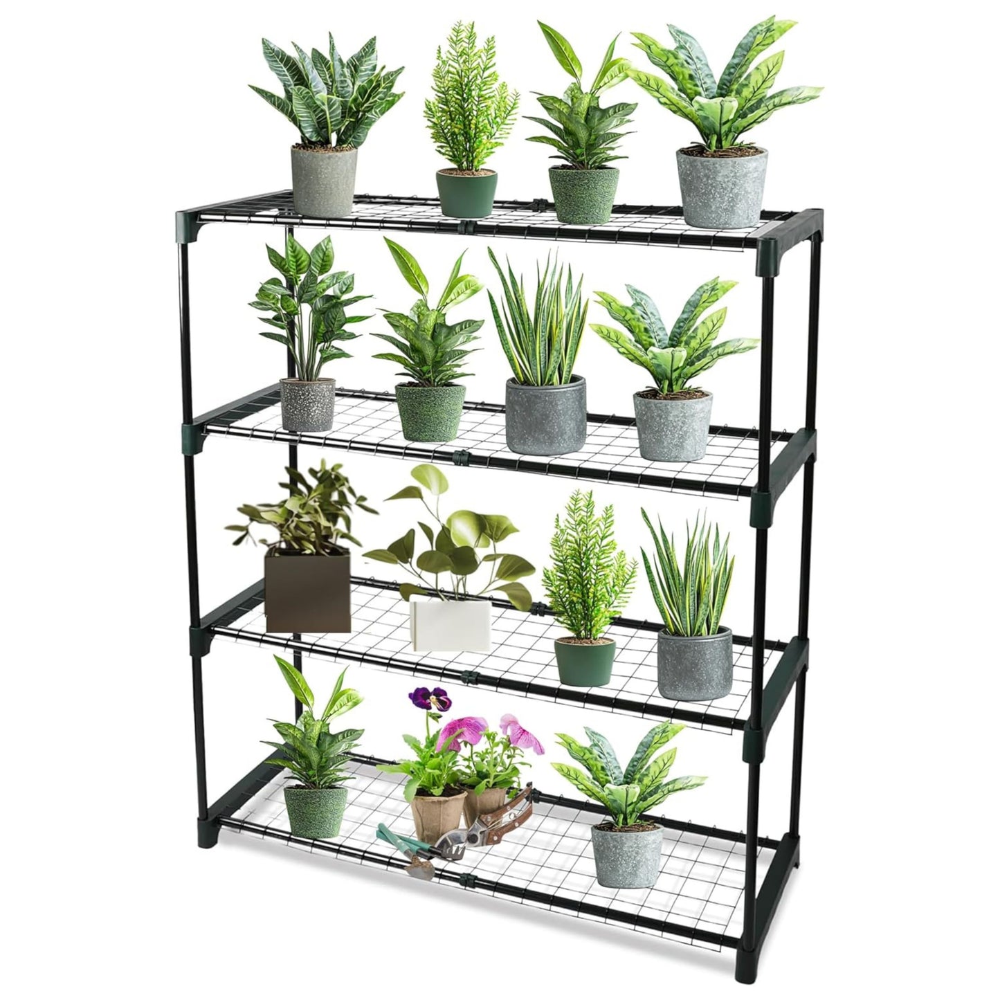 Black metal plant stand with multiple potted plants on a white background