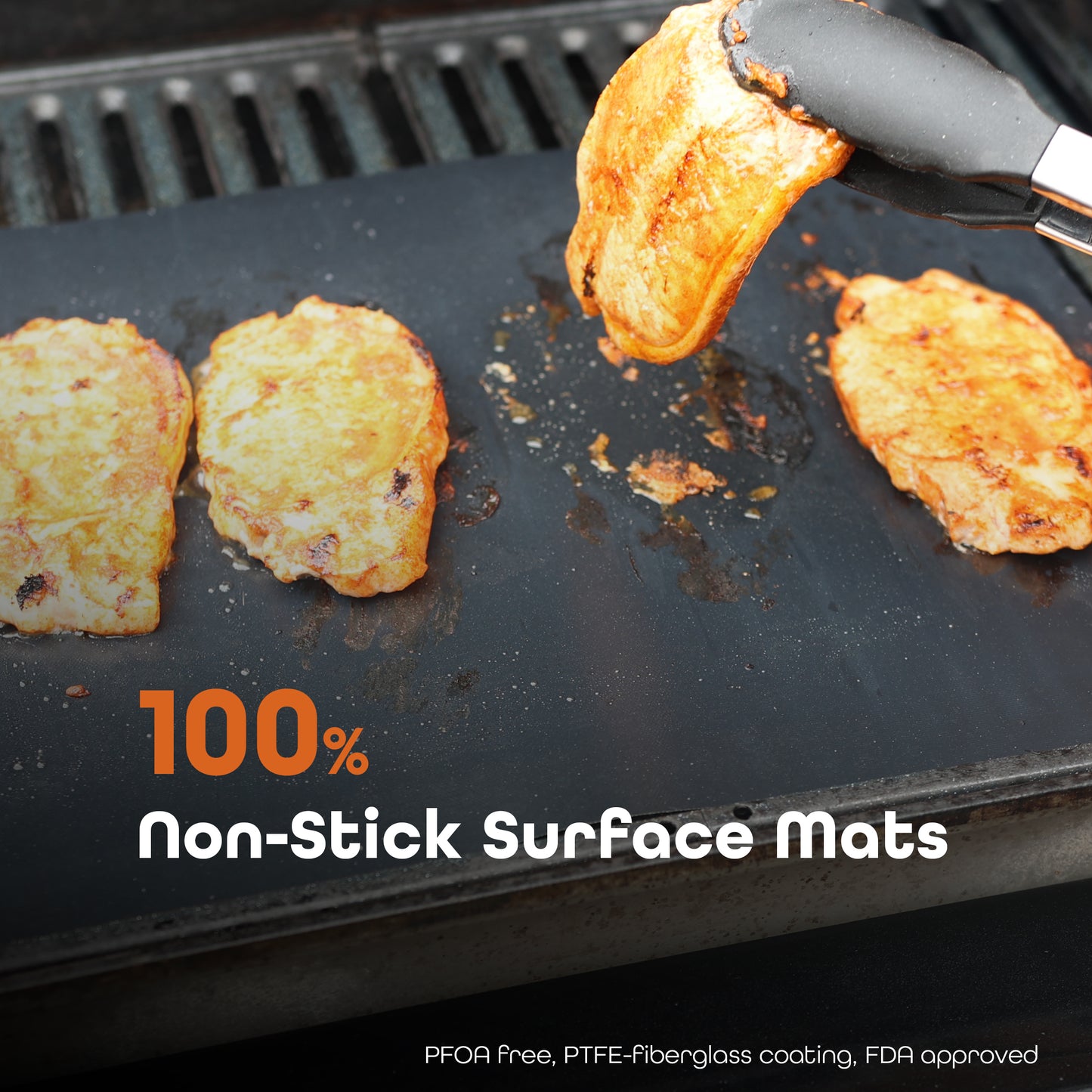 WISDOMWELL BBQ Grill Mat Set of 5 Non Stick Teflon Barbecue Baking Mats for Charcoal, Gas or Electric Grill - Heat Resistant, Reusable and Easy to Clean Free 12" BBQ Tongs and Silicone Brush