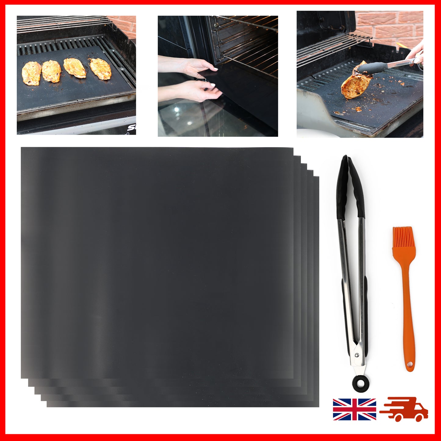 WISDOMWELL BBQ Grill Mat Set of 5 Non Stick Teflon Barbecue Baking Mats for Charcoal, Gas or Electric Grill - Heat Resistant, Reusable and Easy to Clean Free 12" BBQ Tongs and Silicone Brush