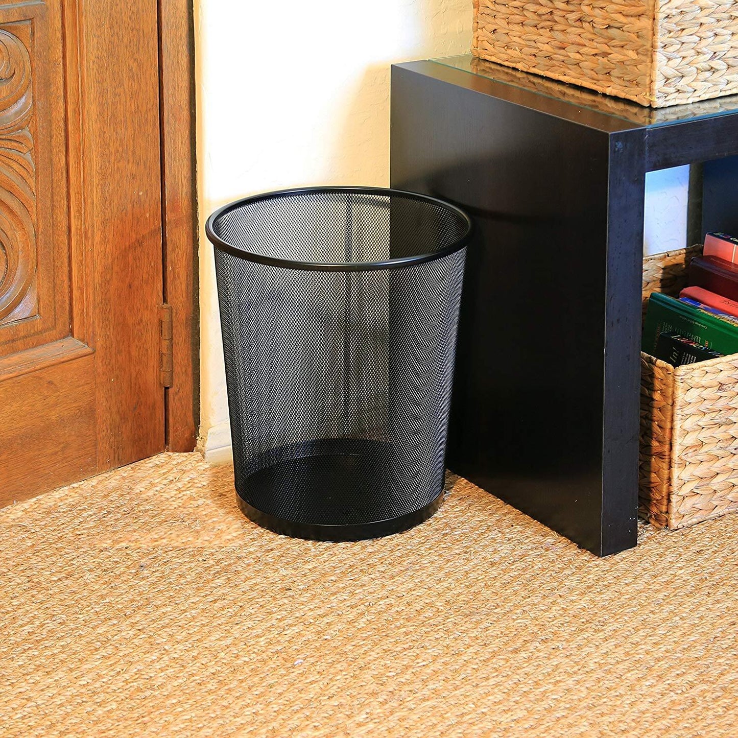 Mesh Waste Bin – Breathable Steel Trash Can with Non-Slip Base (Black & Silver) - DIVCHI