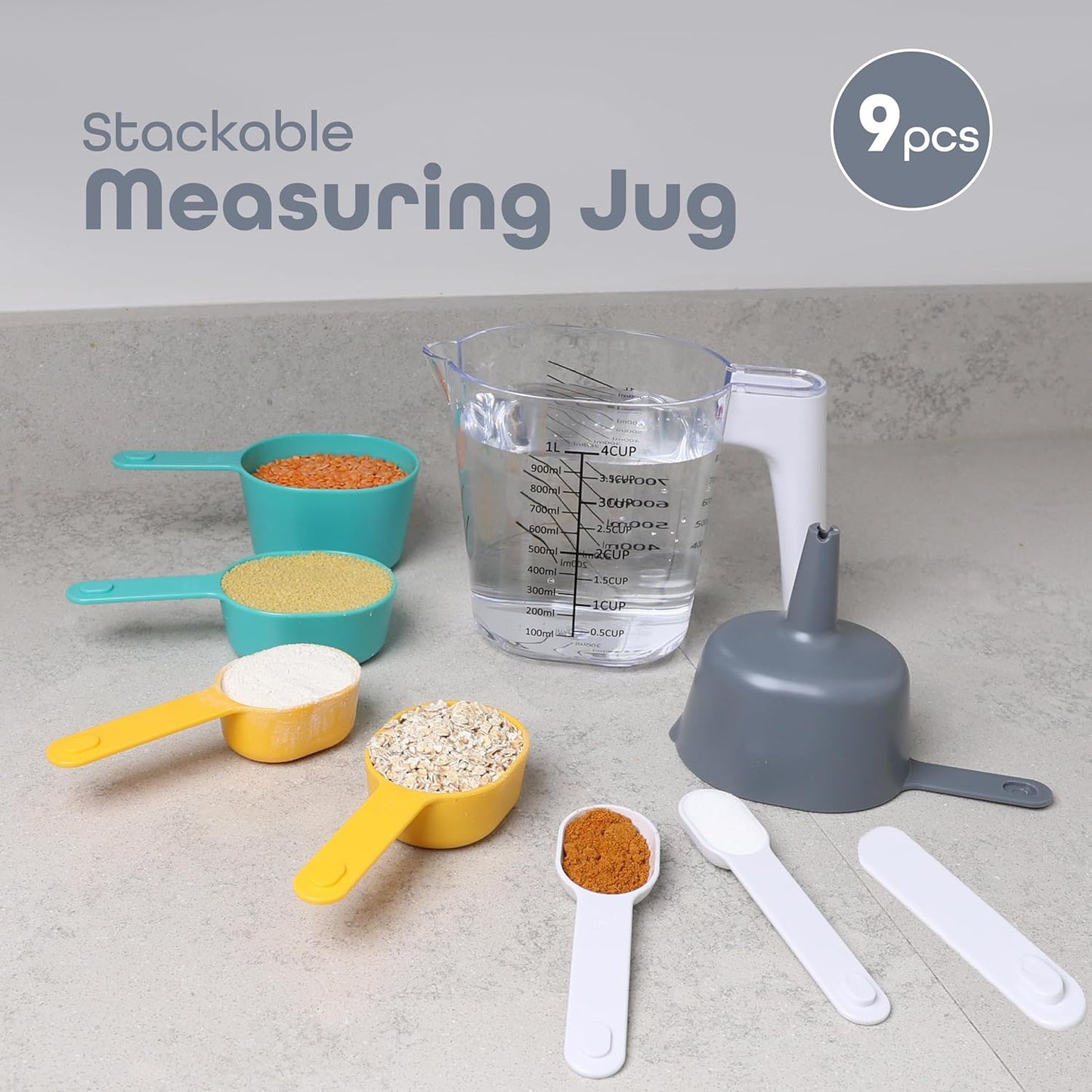 DIVCHI 9 Pieces Measuring Jug Set, Stackable Measuring Cups and Spoons, Kitchen Cooking Baking Measuring Spoons Set for Liquid and Dry - DIVCHI