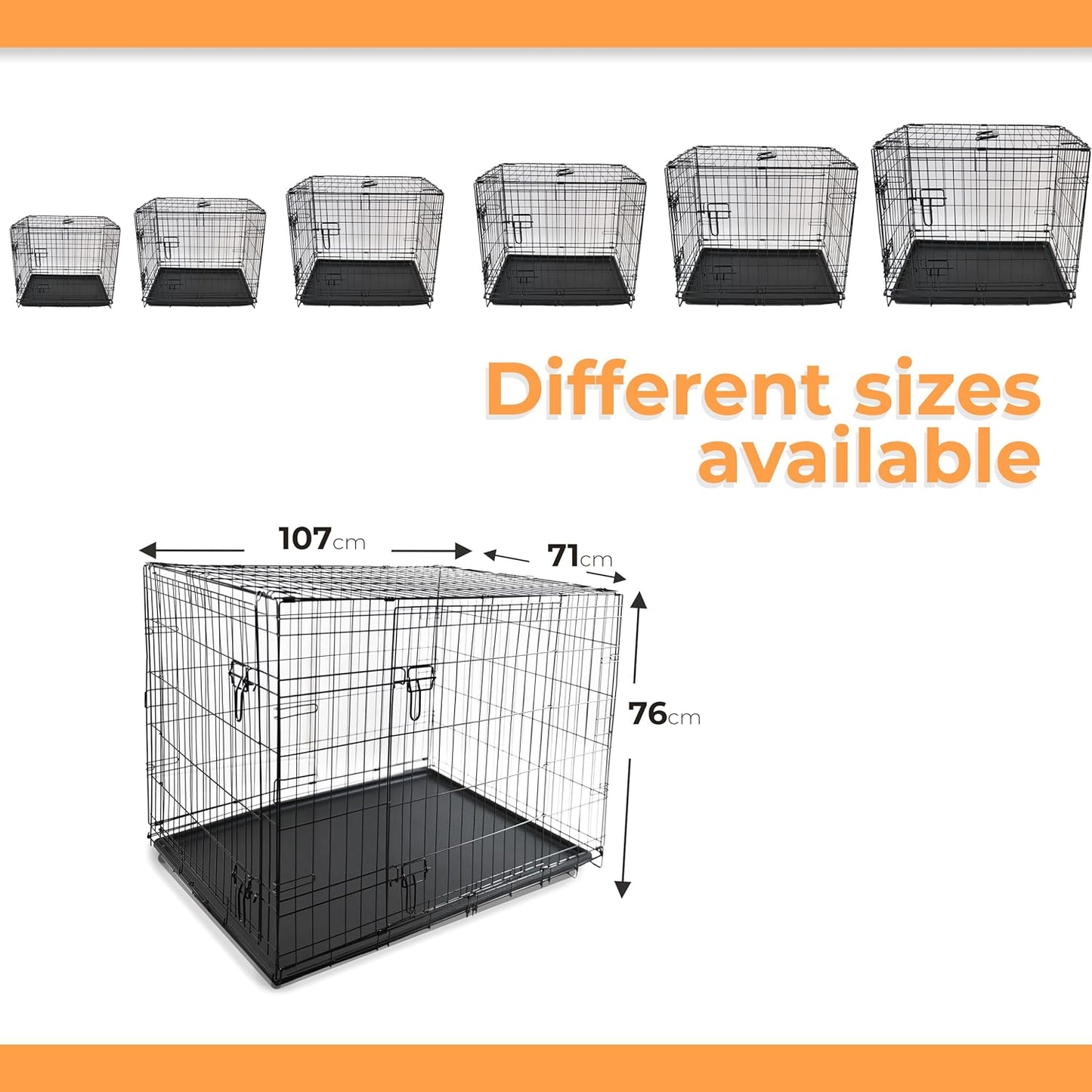 Various sizes of black metal dog crates lined up for comparison