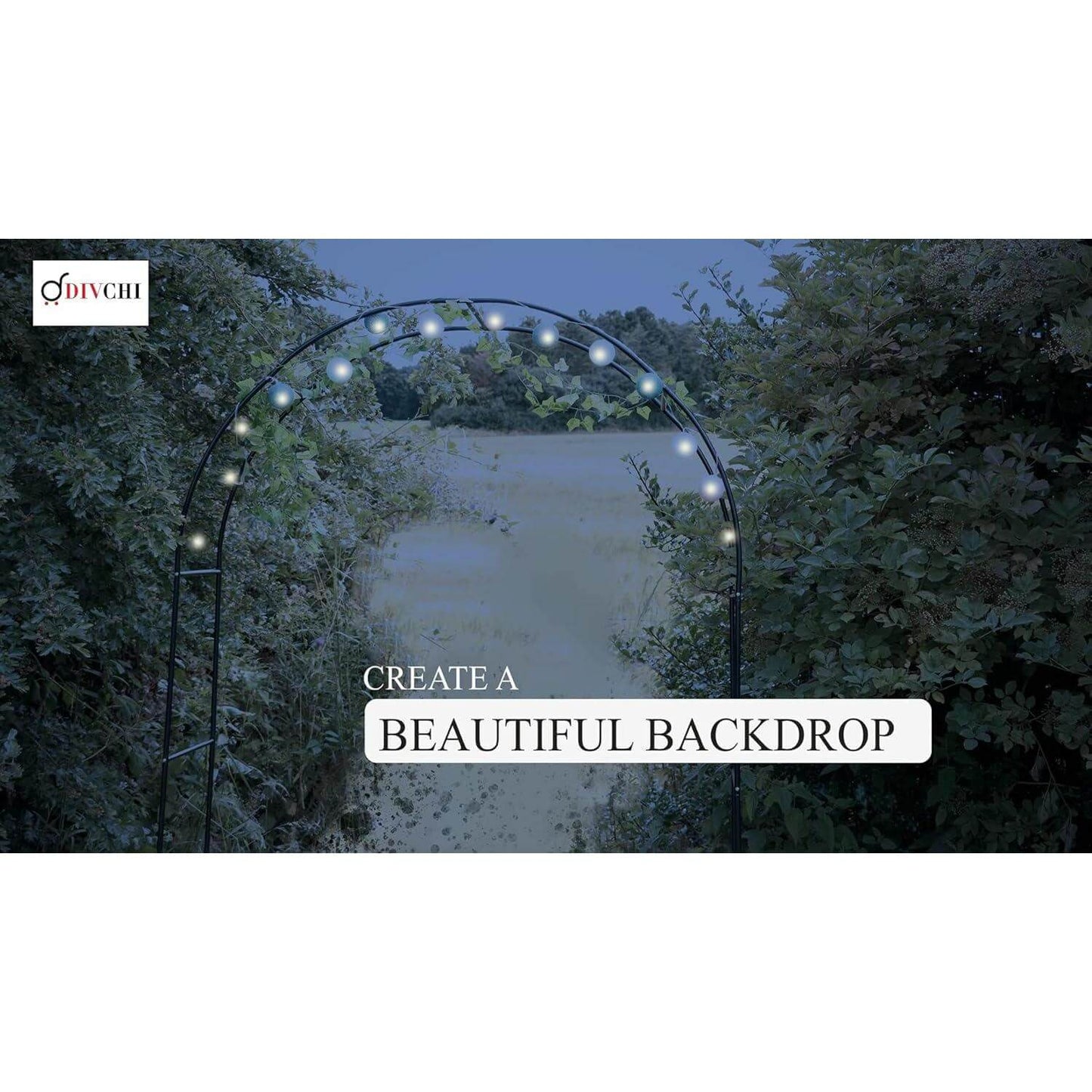 Steel garden arch with string lights creating a beautiful outdoor night backdrop