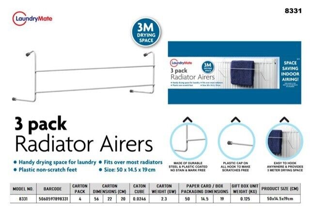3 Pack of 2 Bar Radiator Airers Dryer Clothes Rail Towel Holder Drying Rack - DIVCHI
