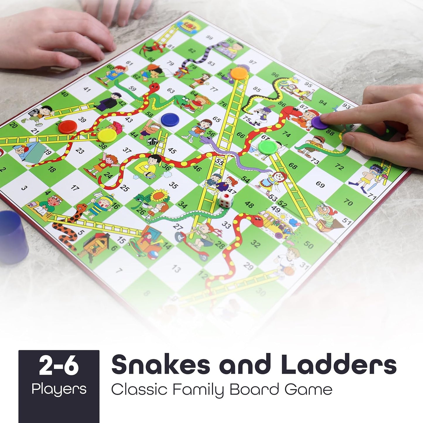 Snakes & Ladders Game for Kids & Adults - Traditional Board Games With Colourful Playing Pieces - For 2-6 Players - Age Years 3+ - DIVCHI