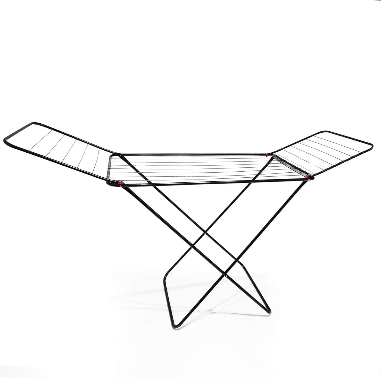 Minimalist black foldable laundry drying stand on white background