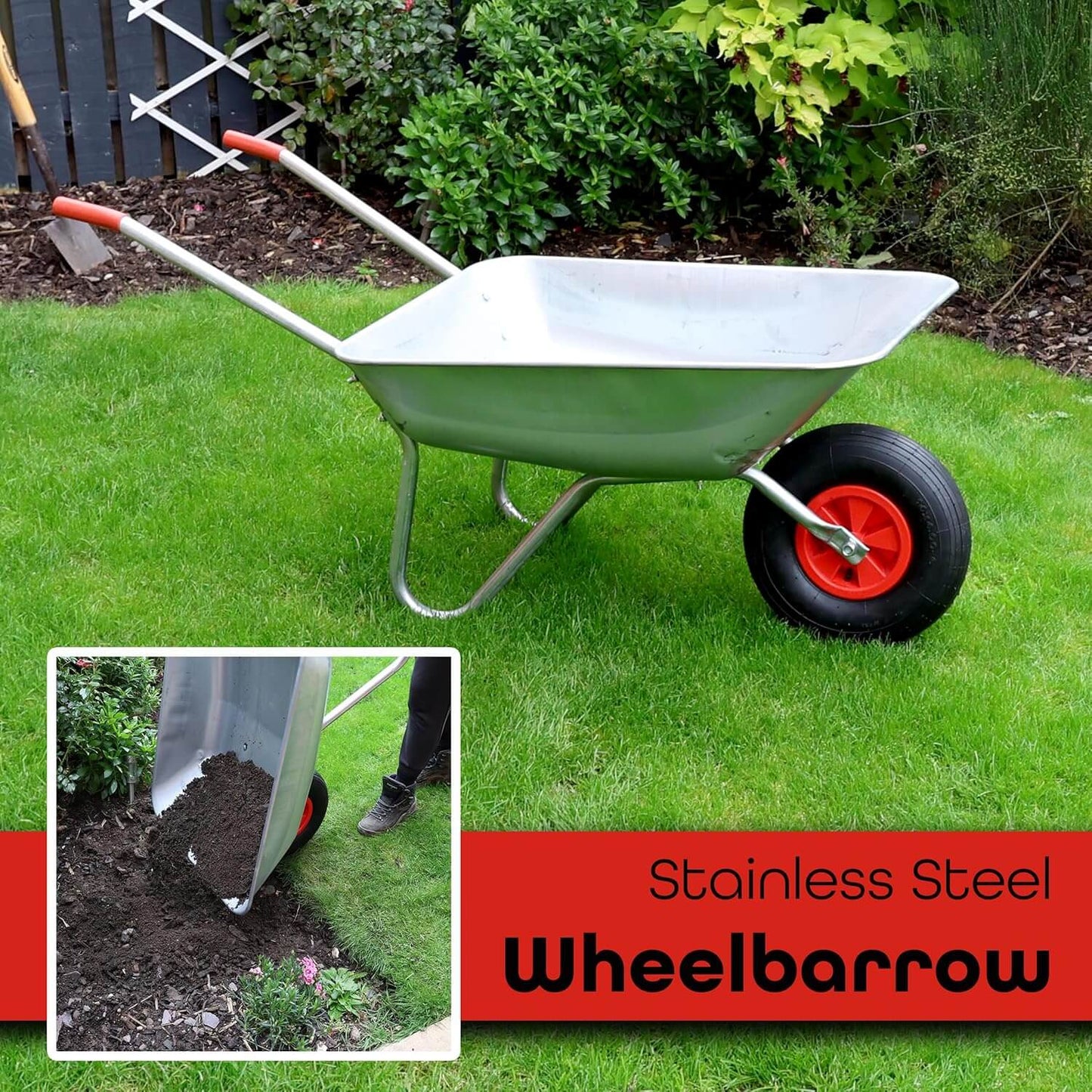 Stainless steel garden wheelbarrow with pneumatic tire on grass, ideal for transporting soil and materials.