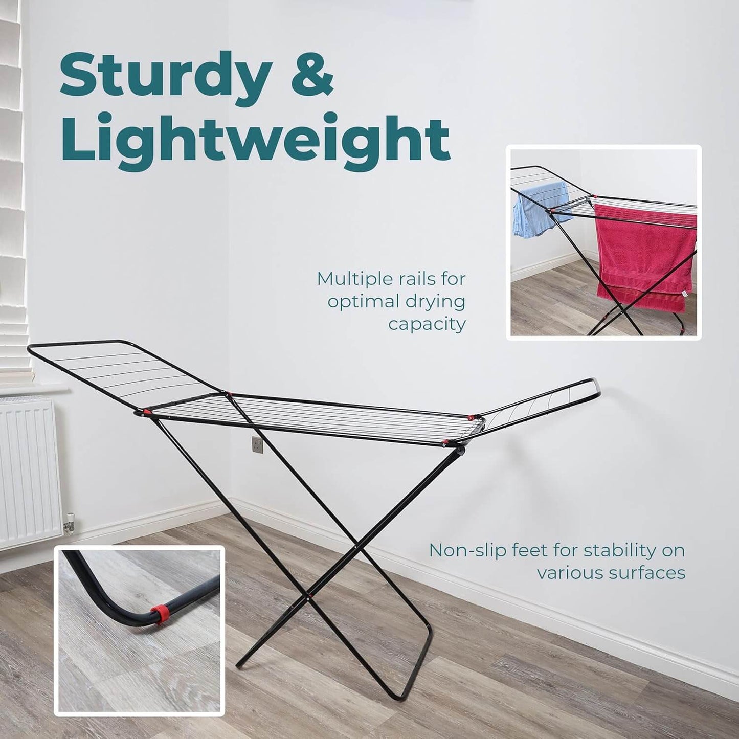 Lightweight and sturdy clothes drying rack with multiple drying rails and non-slip feet