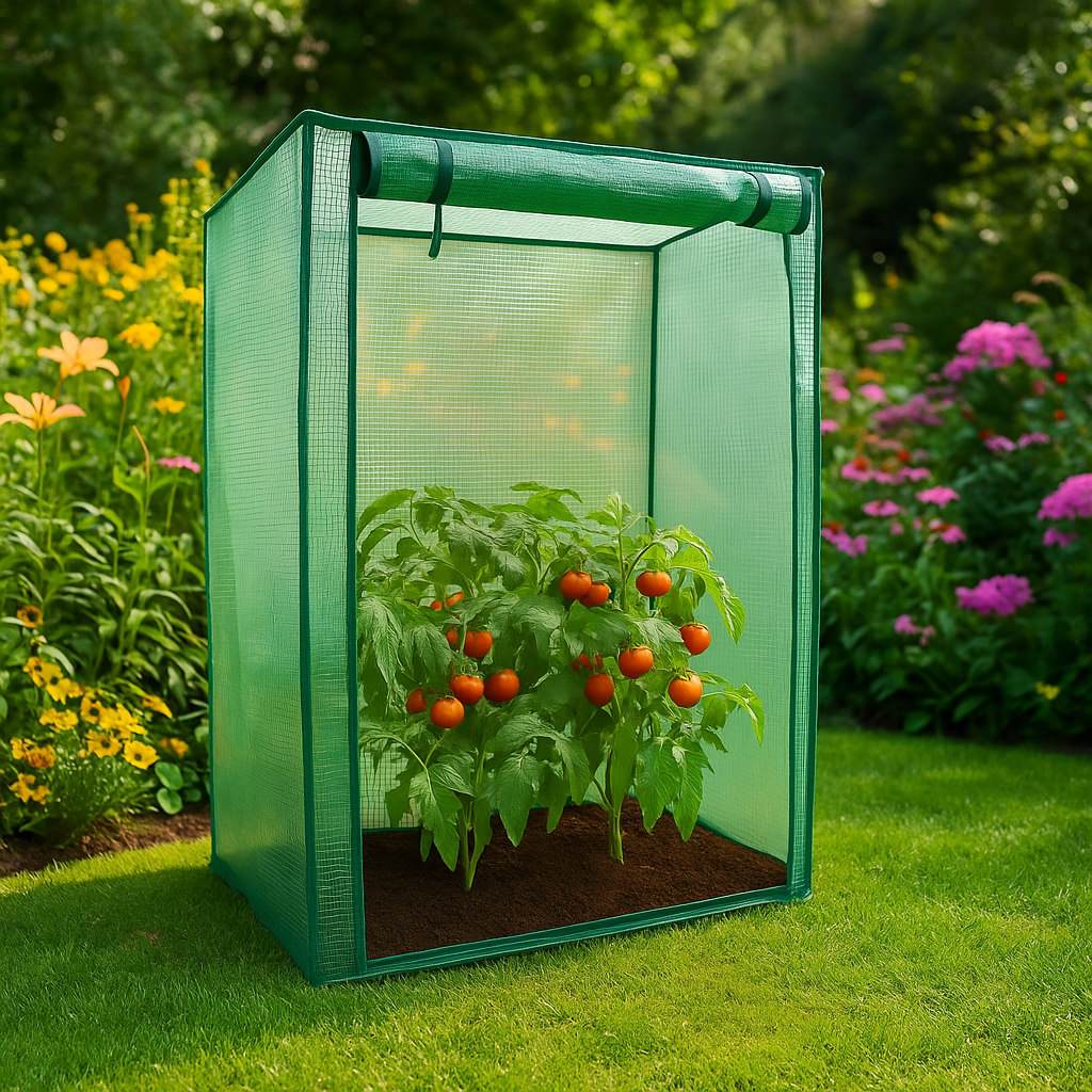 Green garden greenhouse with plants and tomatoes in a garden setting
