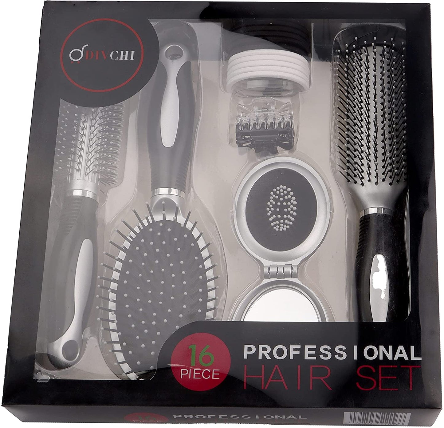 DIVCHI Professional 16 Piece Hair Care Kit Gift Set features Curling Brush Paddle Brush Styling Brush Butterfly Clips a Compact Brush Mirror and Hair Bands - DIVCHI