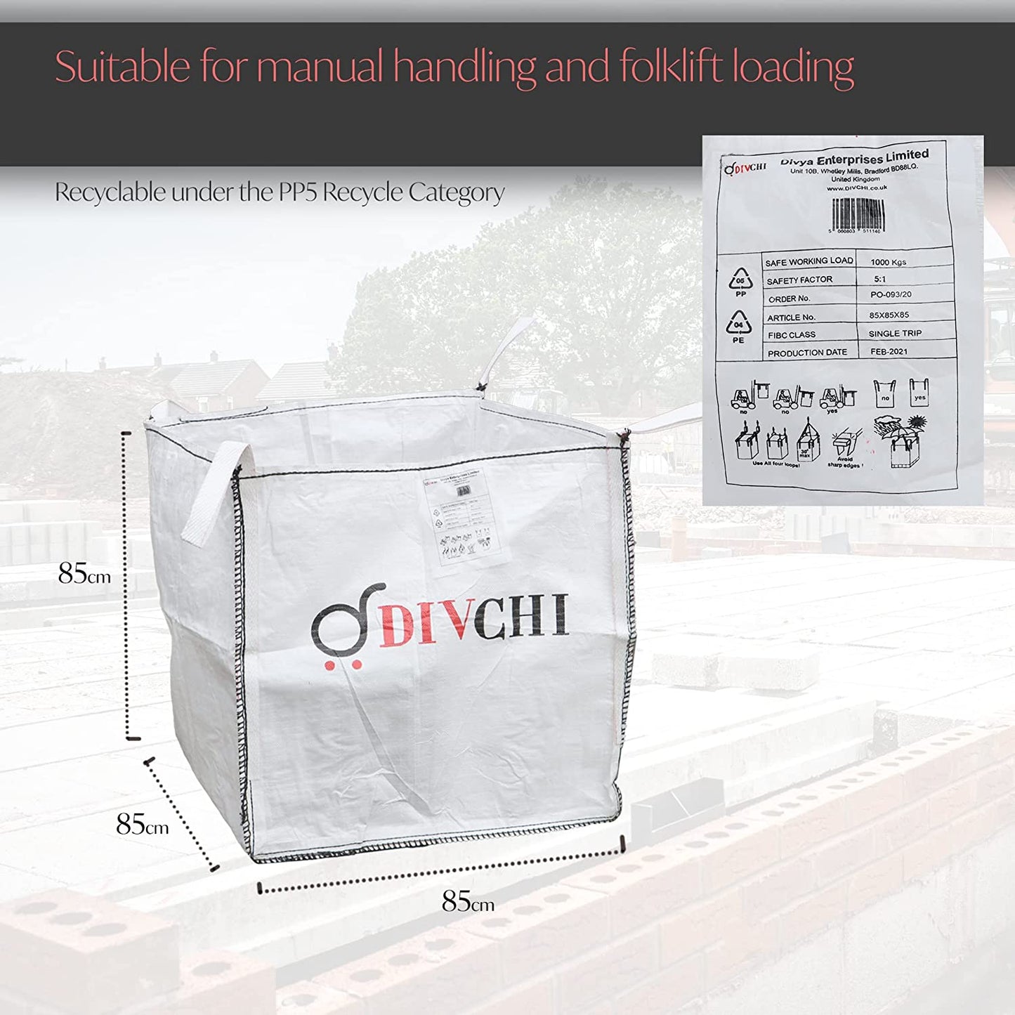 BULK BUILDERS & JUMBO BAGS FOR STORAGE JUMBO BAGS GARDEN RUBBLE SACK (1 TON) - DIVCHI