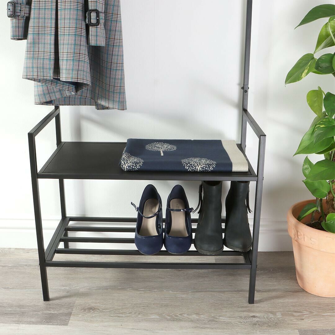 Metal Coat Rack 2-Tier with Bench and Shoe Storage With Free Standing Hall Tree - DIVCHI