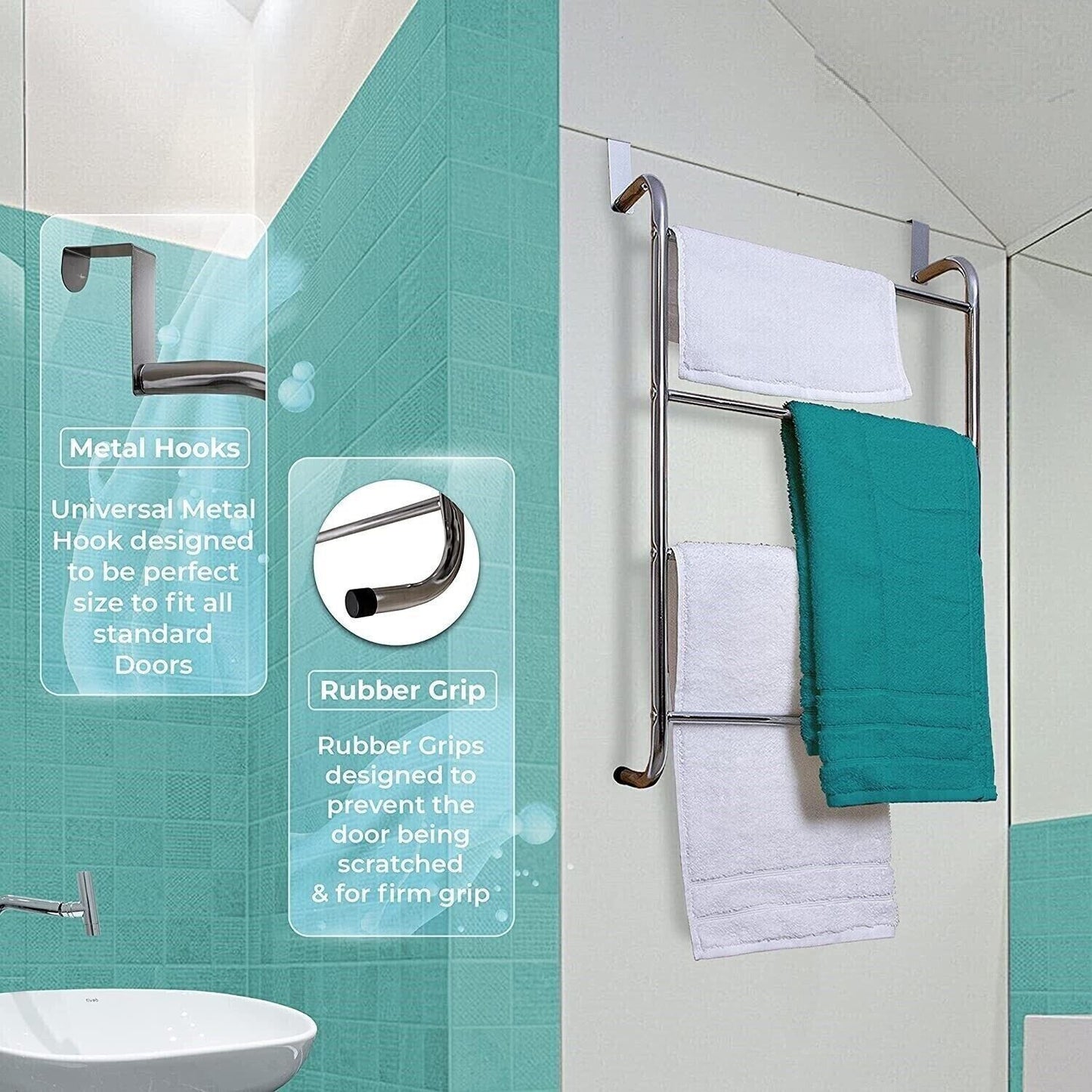 DIVCHI 4-Tier Chrome Over-the-Door Clothes Airer Towel Rail Rack Hanger Bar Holder - DIVCHI