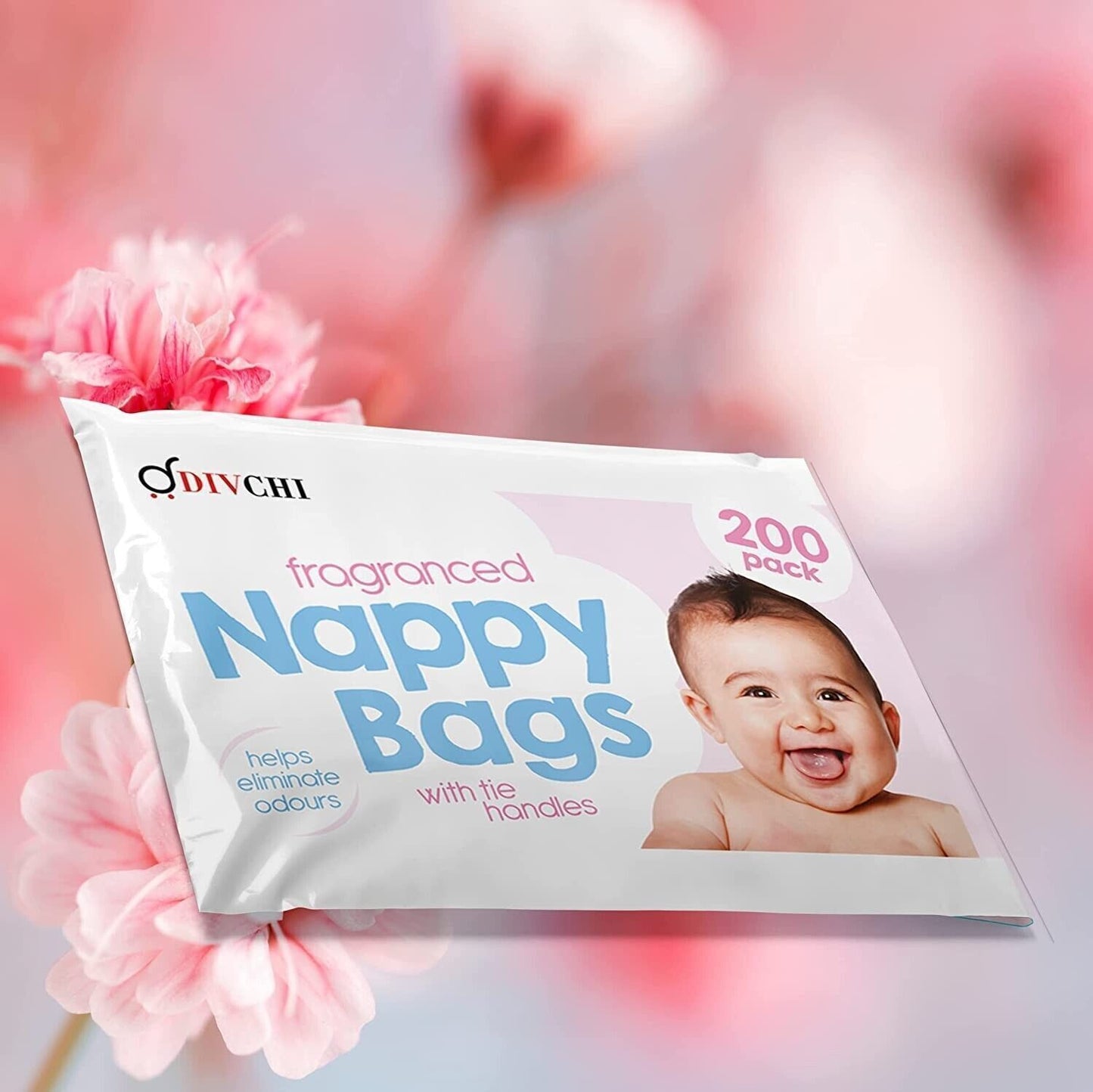 DIVCHI Baby Disposable Diaper Sacks Bags Dispenser Antibacterial Power Scented Nappy Disposal Bags Easy-Tie for Travel - 4 x 200 Pack (800 in Total) - DIVCHI