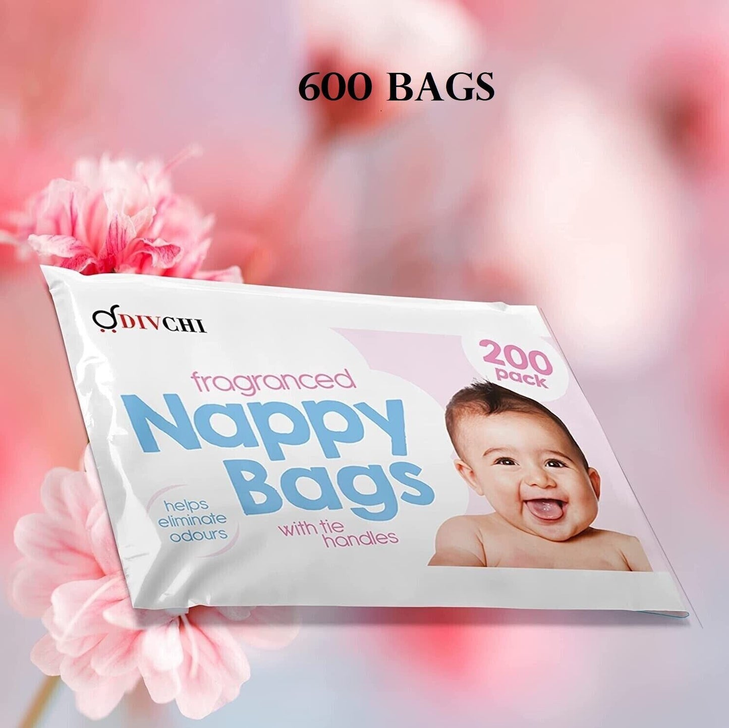 DIVCHI Baby Disposable Diaper Sacks Bags Dispenser Antibacterial Power Scented Nappy Disposal Bags Easy-Tie for Travel - 4 x 200 Pack (800 in Total) - DIVCHI