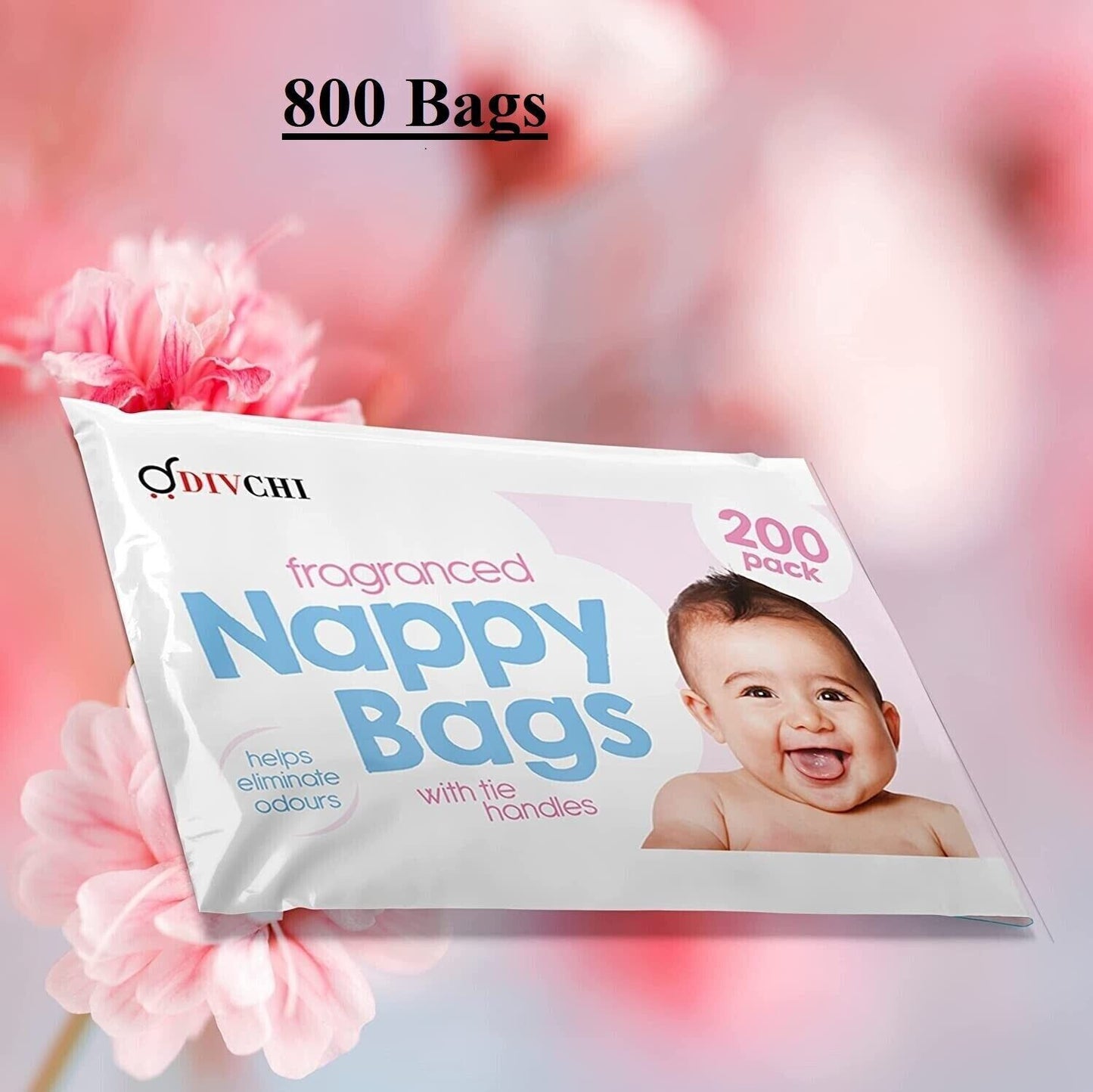 DIVCHI Baby Disposable Diaper Sacks Bags Dispenser Antibacterial Power Scented Nappy Disposal Bags Easy-Tie for Travel - 4 x 200 Pack (800 in Total) - DIVCHI
