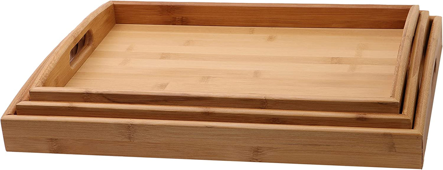 Pack of 3 Bamboo Serving Tray with Handles Rectangular Wooden Breakfast Tray Works for Eating, Working, Storing, Used in Bedroom, Kitchen, Living Room, Bathroom, Hospital and Outdoors - DIVCHI