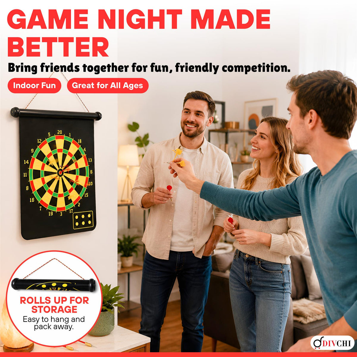 Friends playing the DIVCHI magnetic dart board on game night