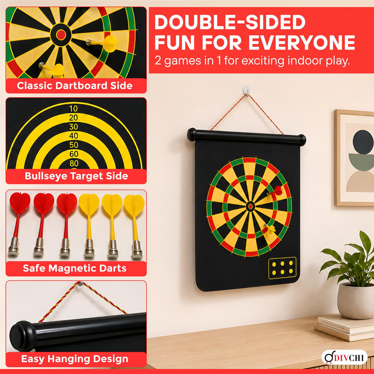DIVCHI double-sided dart board with classic dartboard and bullseye target sides