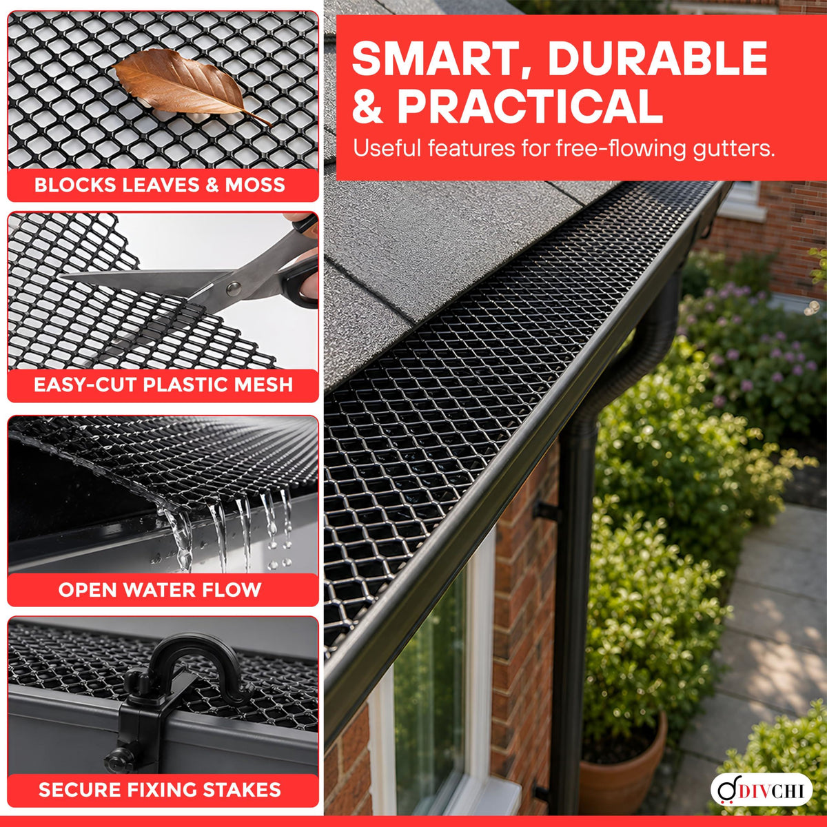 DIVCHI Gutter Guard Mesh 5m Plastic Leaf Guard with 8 Fixing Stakes Flexible Guttering Protection for Leaves Moss & Debris Cut to Fit