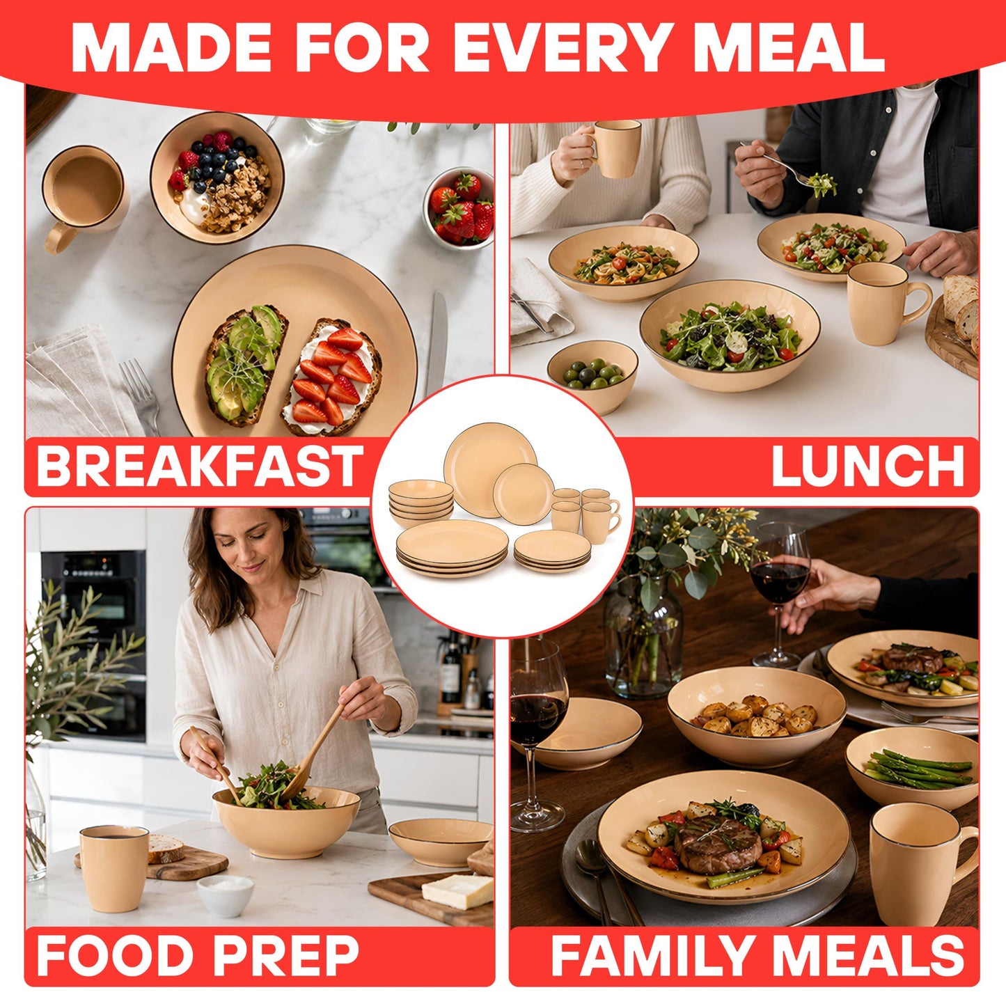 DIVCHI 16-Piece Dinner Set for 4, Ceramic Kitchen Tableware