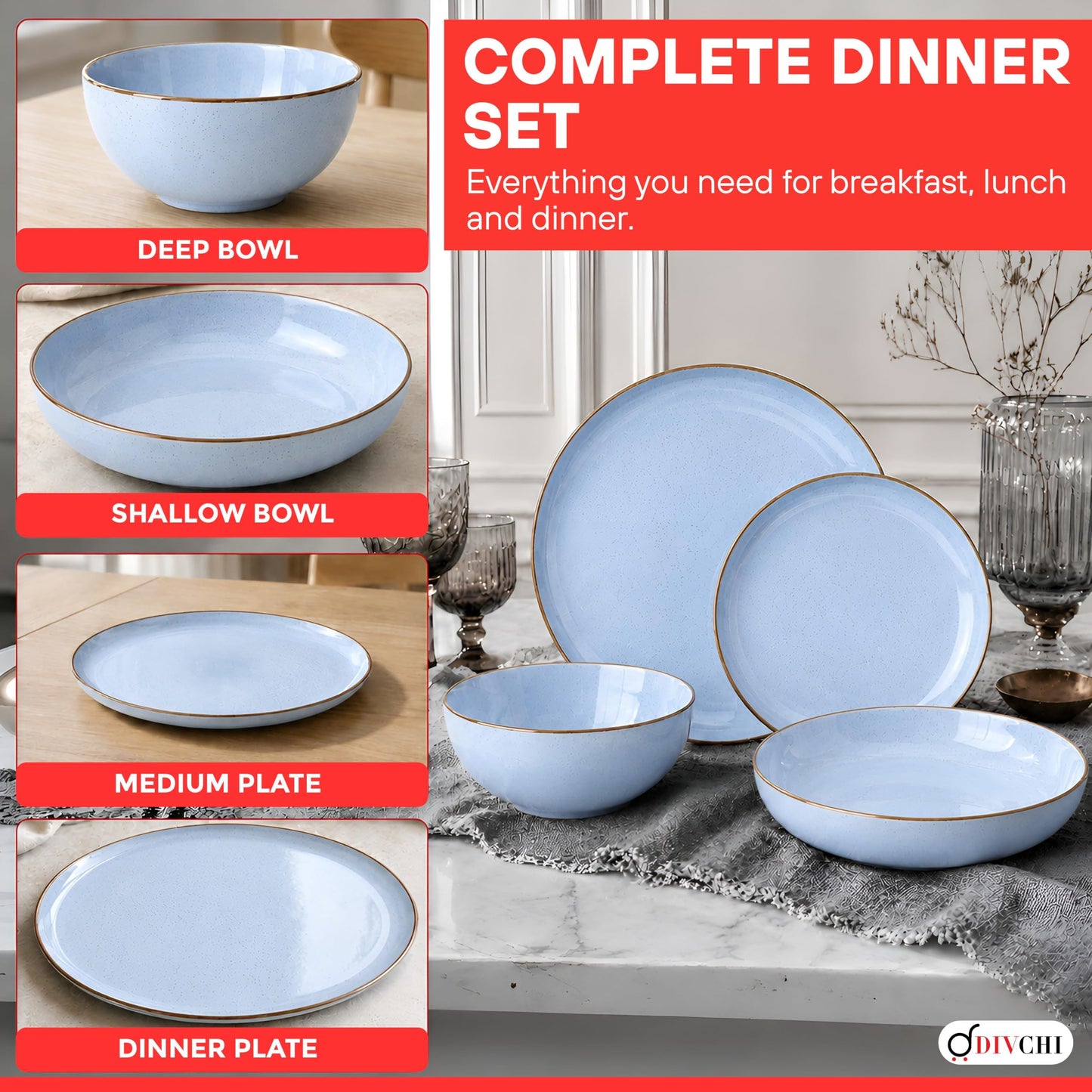 DIVCHI 16-Piece Dinner Set for 4 Ceramic Dinnerware Set