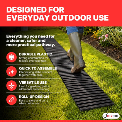 DIVCHI 1.39m Roll Out Garden Path, Durable Pathway & Grass Protection Mat | Outdoor Walkway for Lawns & Patios, Interlocking Plastic Paving Slabs