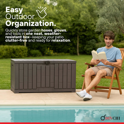 DIVCHI Outdoor Storage Box Waterproof Deck Box for Garden Tools Patio Cushions and Pool Accessories Lockable Easy Assembly Versatile Bench or Table (60 Gallon)