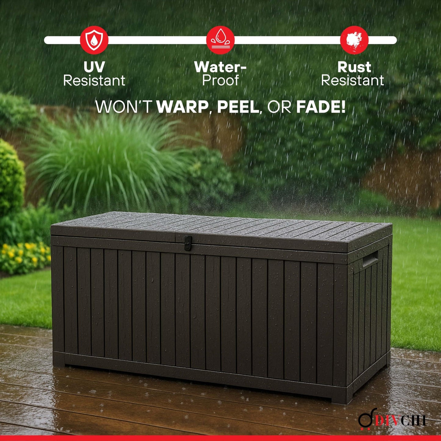 DIVCHI Outdoor Storage Box Waterproof Deck Box for Garden Tools Patio Cushions and Pool Accessories Lockable Easy Assembly Versatile Bench or Table (100 Gallon)