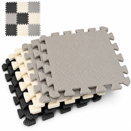 DIVCHI interlocking foam play mat tiles in grey, black and cream