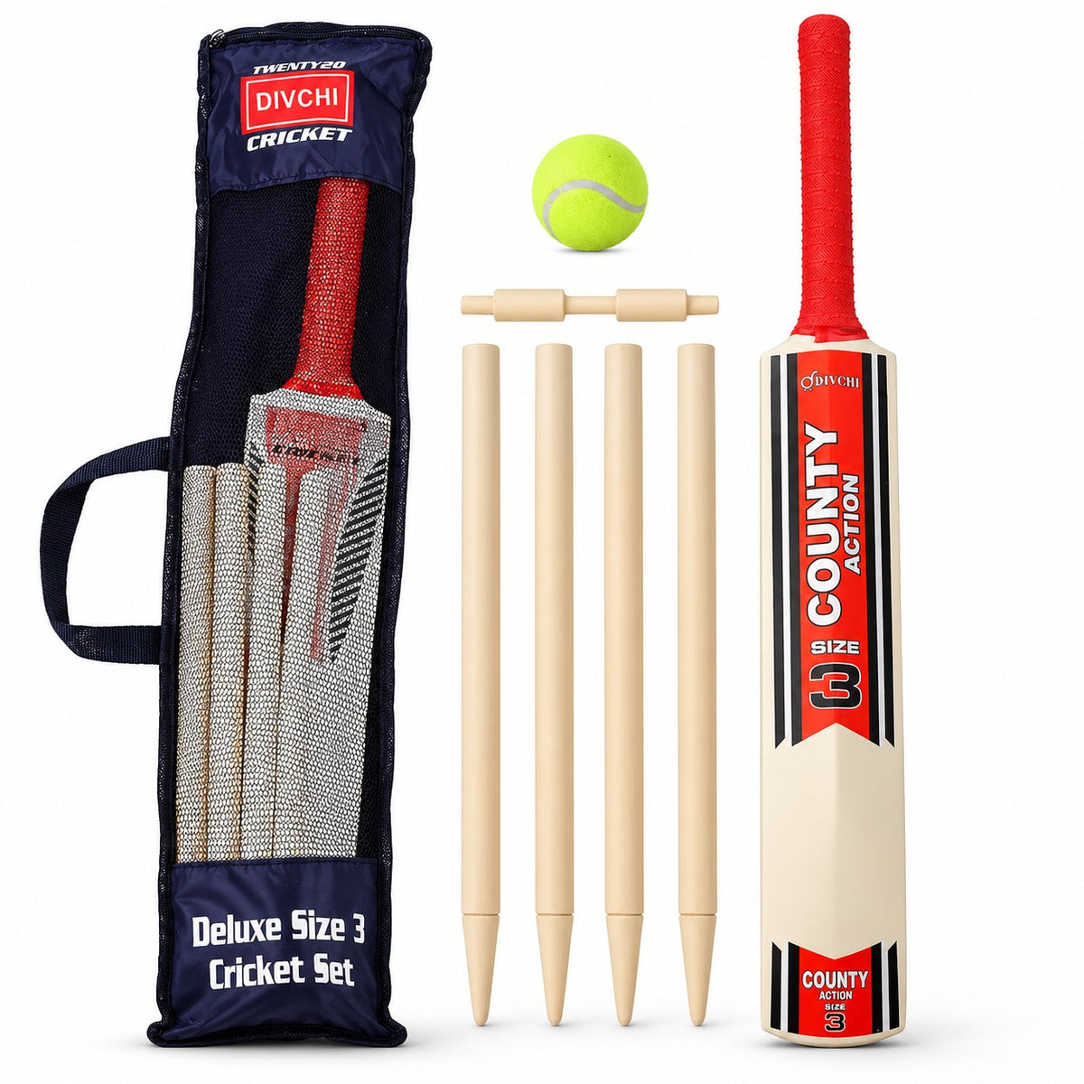 DIVCHI kids cricket set with wooden bat, 4 stumps, bail, soft ball and carry bag